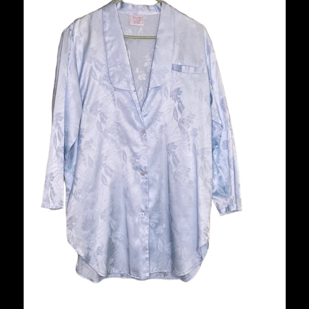Jayre Sky Blue Button up Collar Top pocket Satin Feel Sleep Shirt Sz Lg